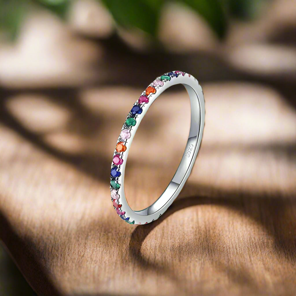 2mm 925 Sterling Silver Zircon Eternity Ring – Colorful CZ Stones for Vibrant Style (Women’s) - Promise Rings