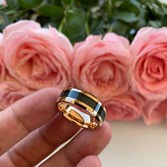 8mm Tungsten Rose Gold-Tone Ring – Black Carbon Fiber Inlay Design (Men's) - Promise Rings