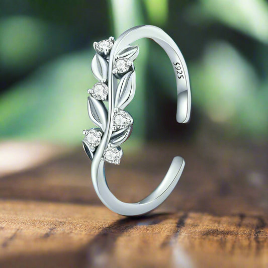 Adjustable Sterling Silver Leaf Ring – Sparkling Nature-Inspired Design (Women’s) - Promise Rings