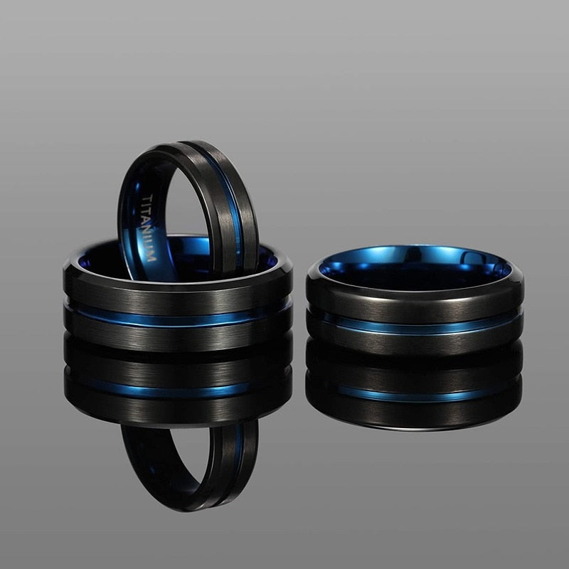 10mm Black & Blue Centre Groove Matte Titanium Unisex Rings - Promise Rings