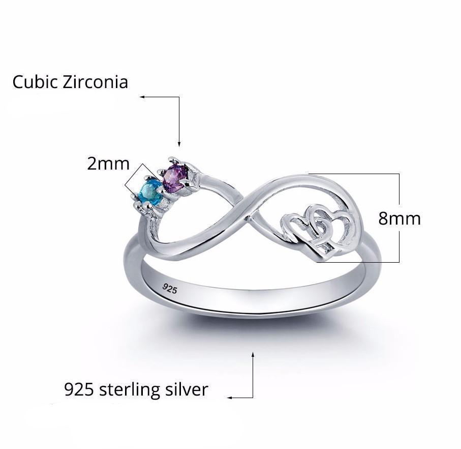 2 Birthstones + 1 Engraving Sterling Silver Infinity Hearts Womens Ring