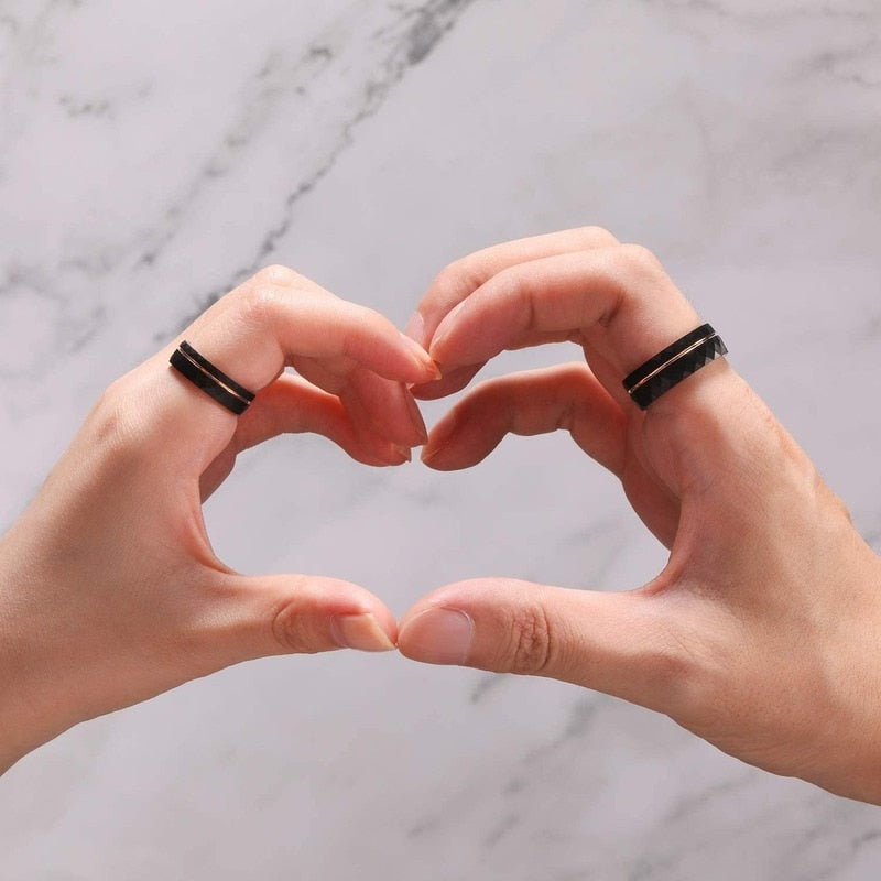 4mm, 6mm, 8mm Rose Gold & Black Hammered Tungsten Ring - Promise Rings