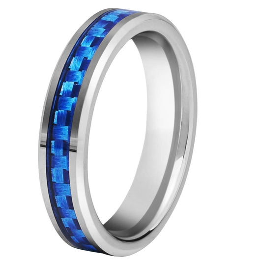 4mm Blue Carbon Fiber Inlay Silver Tungsten Womens Ring - Promise Rings