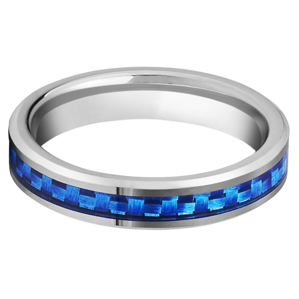 4mm Blue Carbon Fiber Inlay Silver Tungsten Womens Ring - Promise Rings