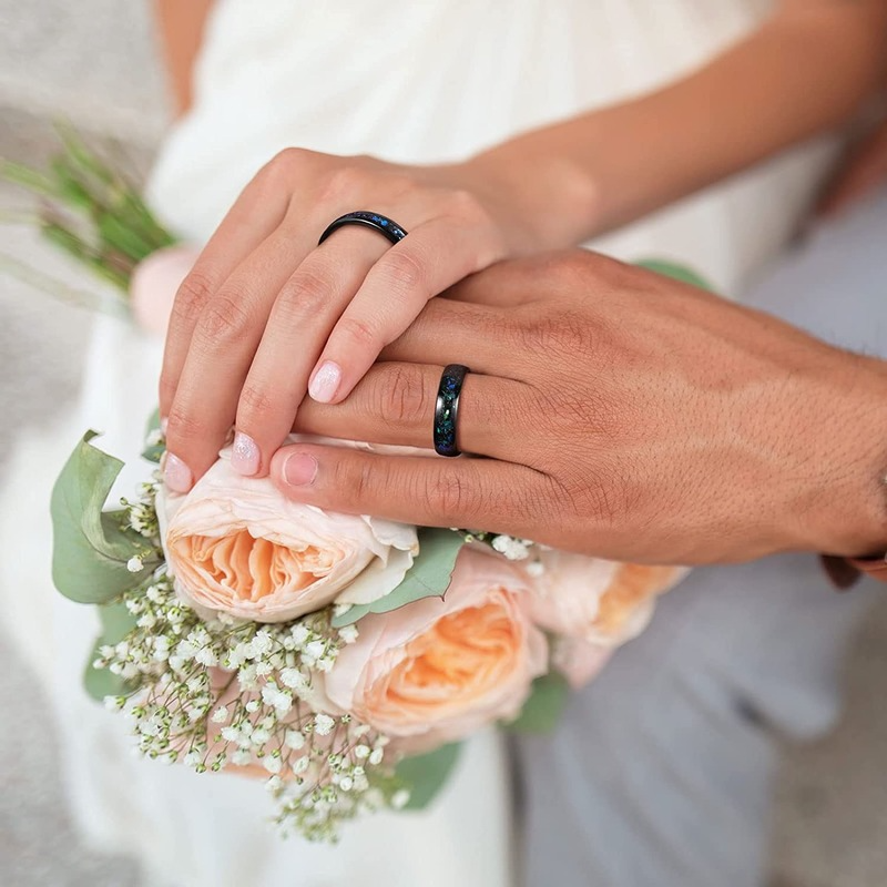 4mm or 6mm Galaxy Opal Inlay & Black Sand Tungsten Unisex Ring - Promise Rings