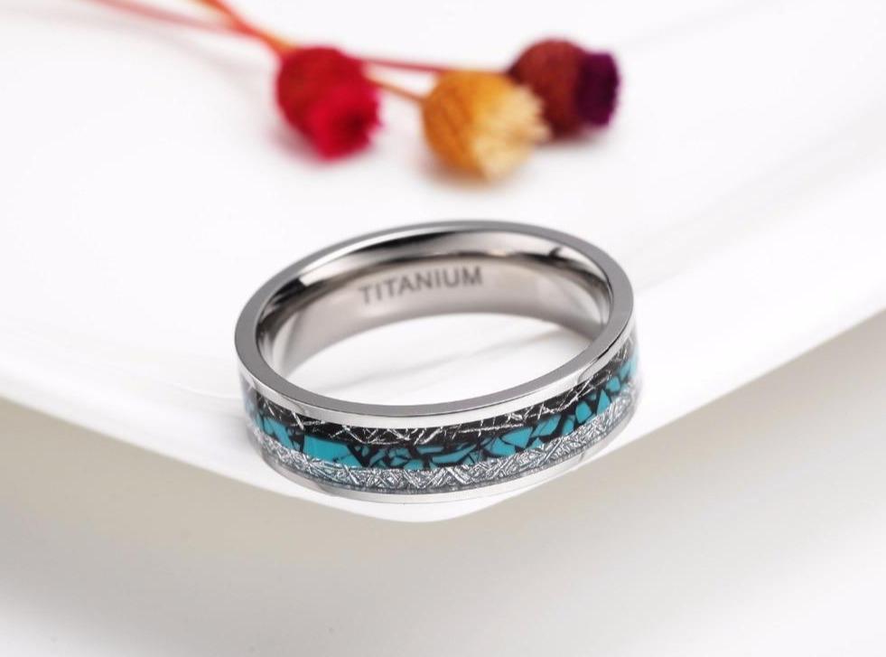 6mm & 8mm Etched Silver & Blue Rock Couples Rings - Promise Rings