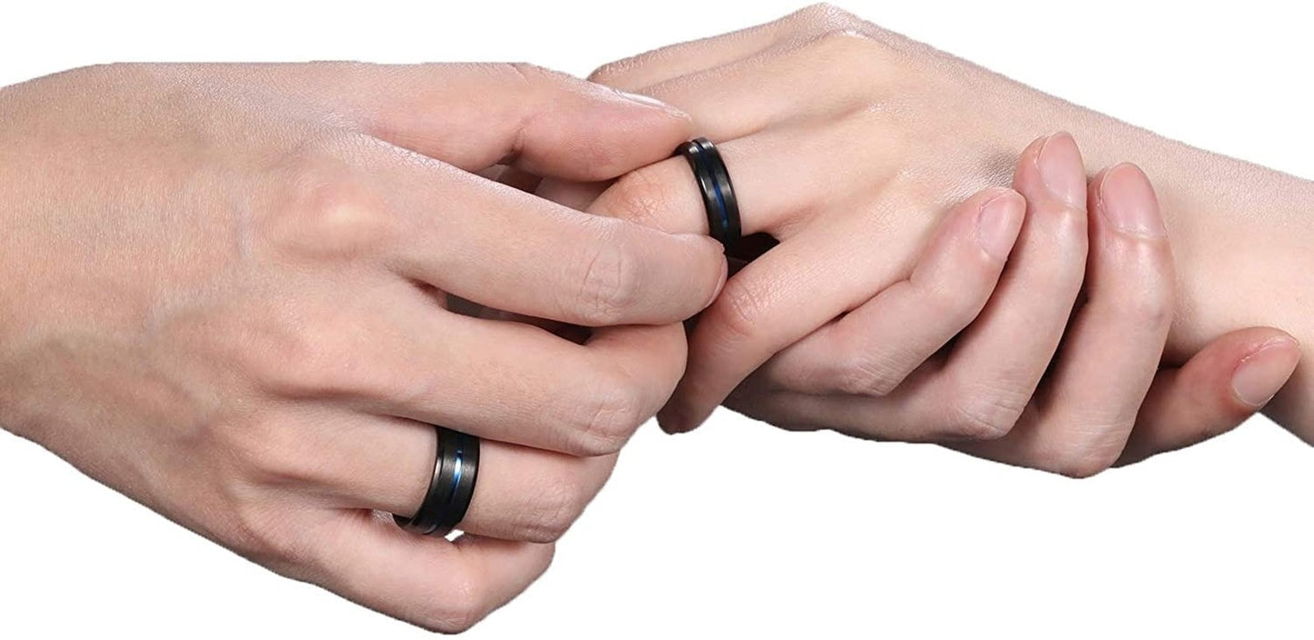 6mm Black & Blue Centre Groove Matte Titanium Unisex Rings - Promise Rings