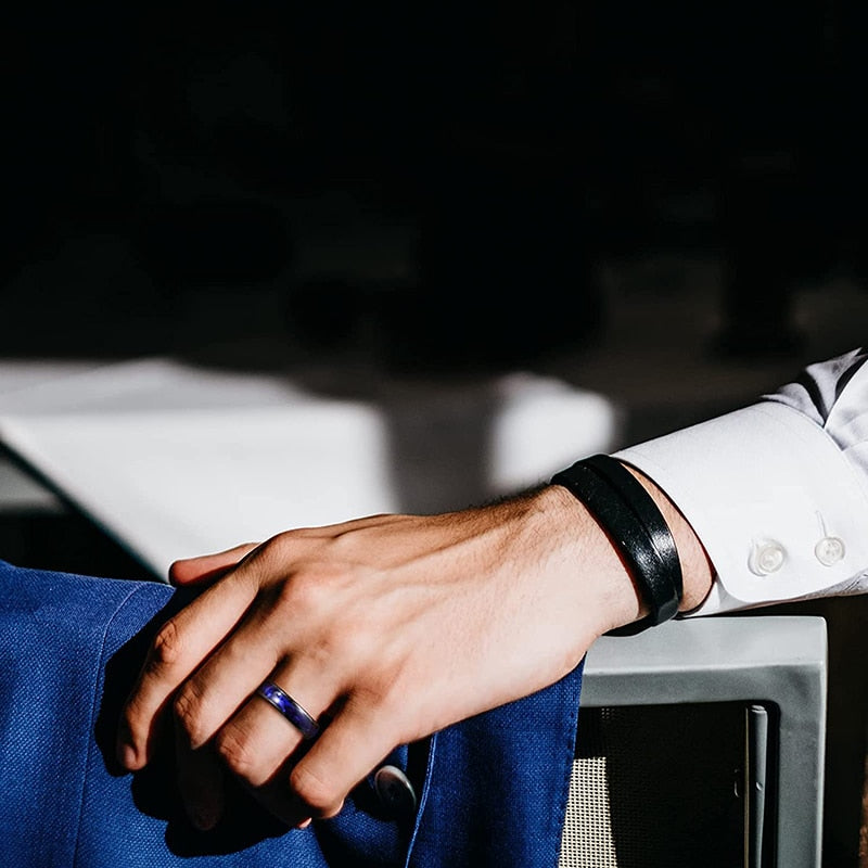 6mm Blue Crushed Shell & Black Tungsten Unisex Ring - Promise Rings