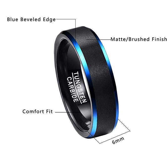 6mm Brushed Finish Blue Polished Edges Mens Ring - Promise Rings