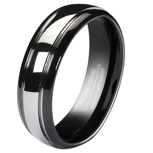 6mm Dome Black Silver Tungsten Mens Ring - Promise Rings