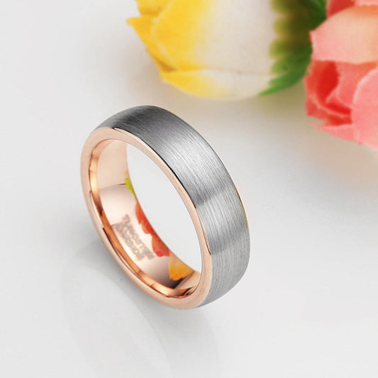 6mm Domed Brushed Rose Gold & Silver Tungsten Unisex Ring - Promise Rings