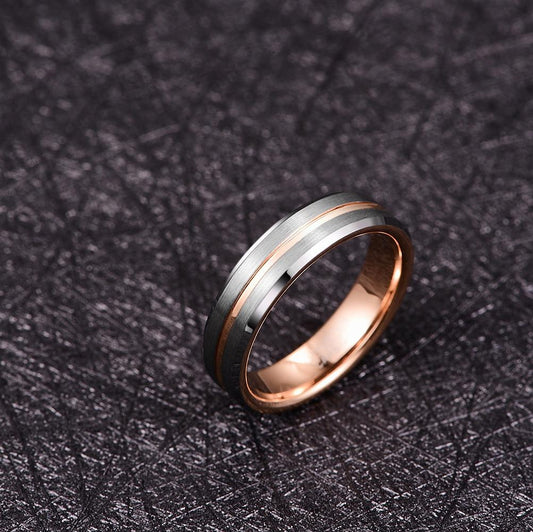 6mm Frosted Inner Rose Gold Groove Tungsten Men's Ring - Promise Rings
