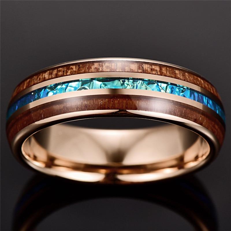 6mm Hawaiian Koa Wood & Acacia Imitation Opal Rose Gold Tungsten Mens Ring - Promise Rings
