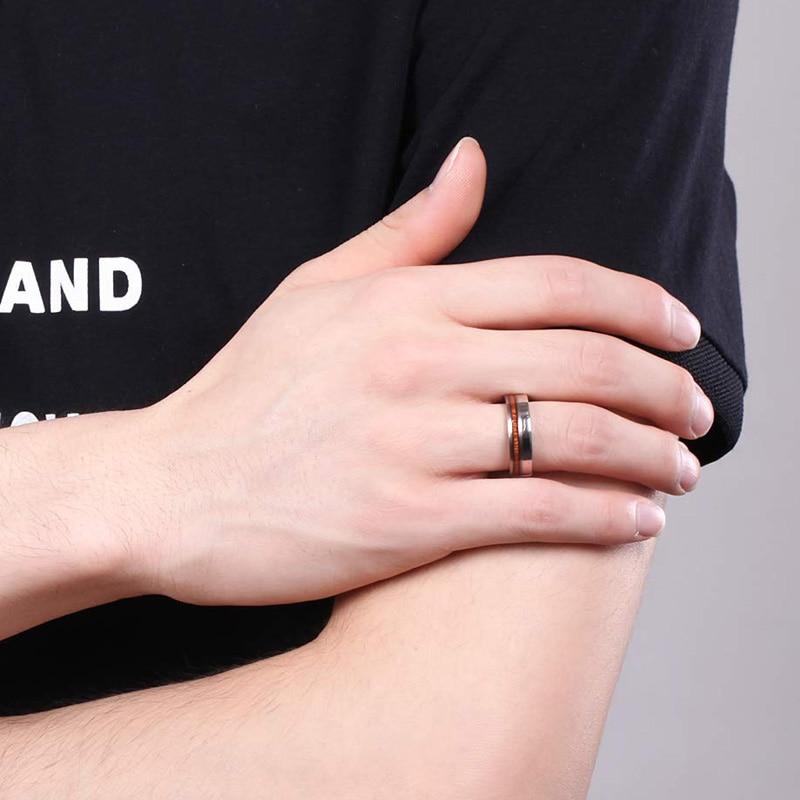 6mm Polished & Matte Nature Wood Inlay Silver Mens Ring - Promise Rings