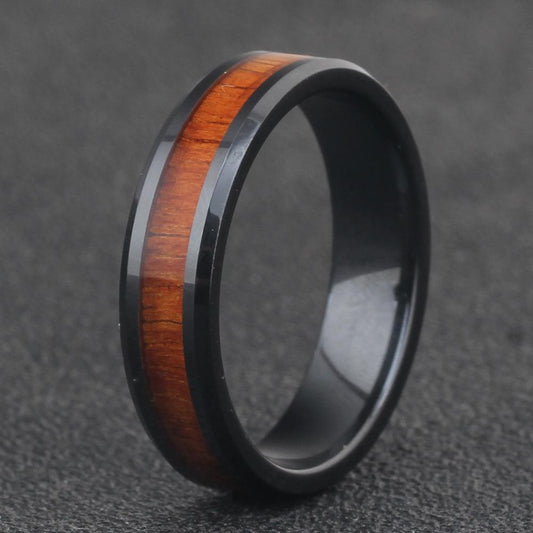 6mm Retro Wood Grain Inlaid Ceramic Unisex Ring - Promise Rings