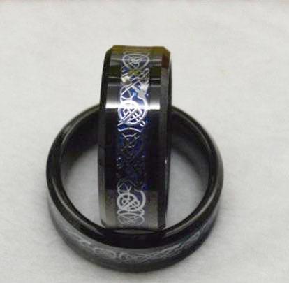 6mm Silver and Blue Celtic Dragon Tungsten Mens Ring - Promise Rings