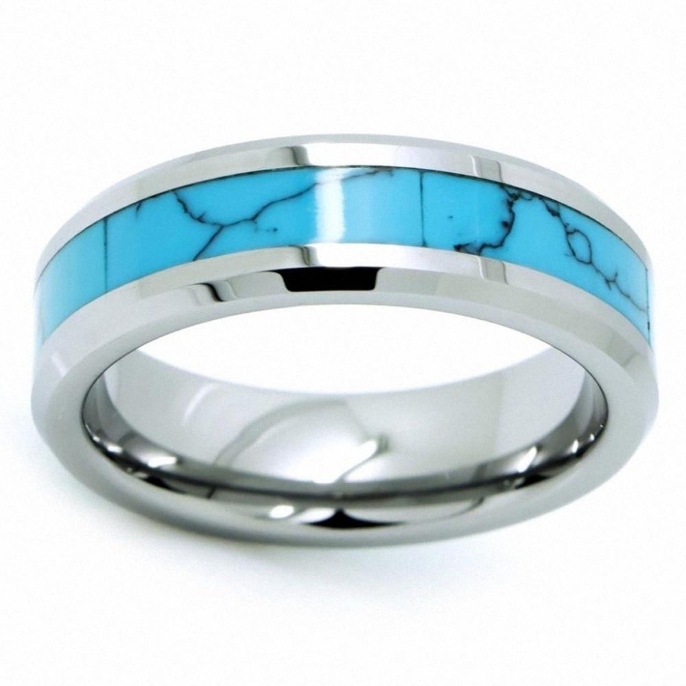 6mm Turquoise Inlay & Silver Tungsten Unisex Ring - Promise Rings