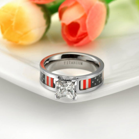 6mm USA American Flag Patriotic Cubic Zirconia Titanium Womens Ring - Promise Rings