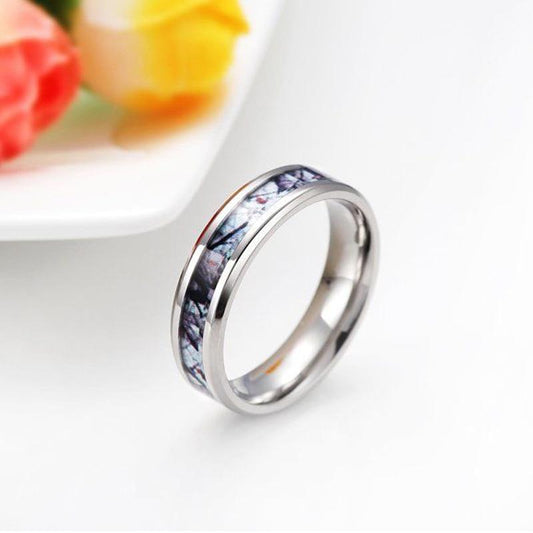 6mm Winter Branch Inlay Titanium Camo Silver Unisex Ring - Promise Rings