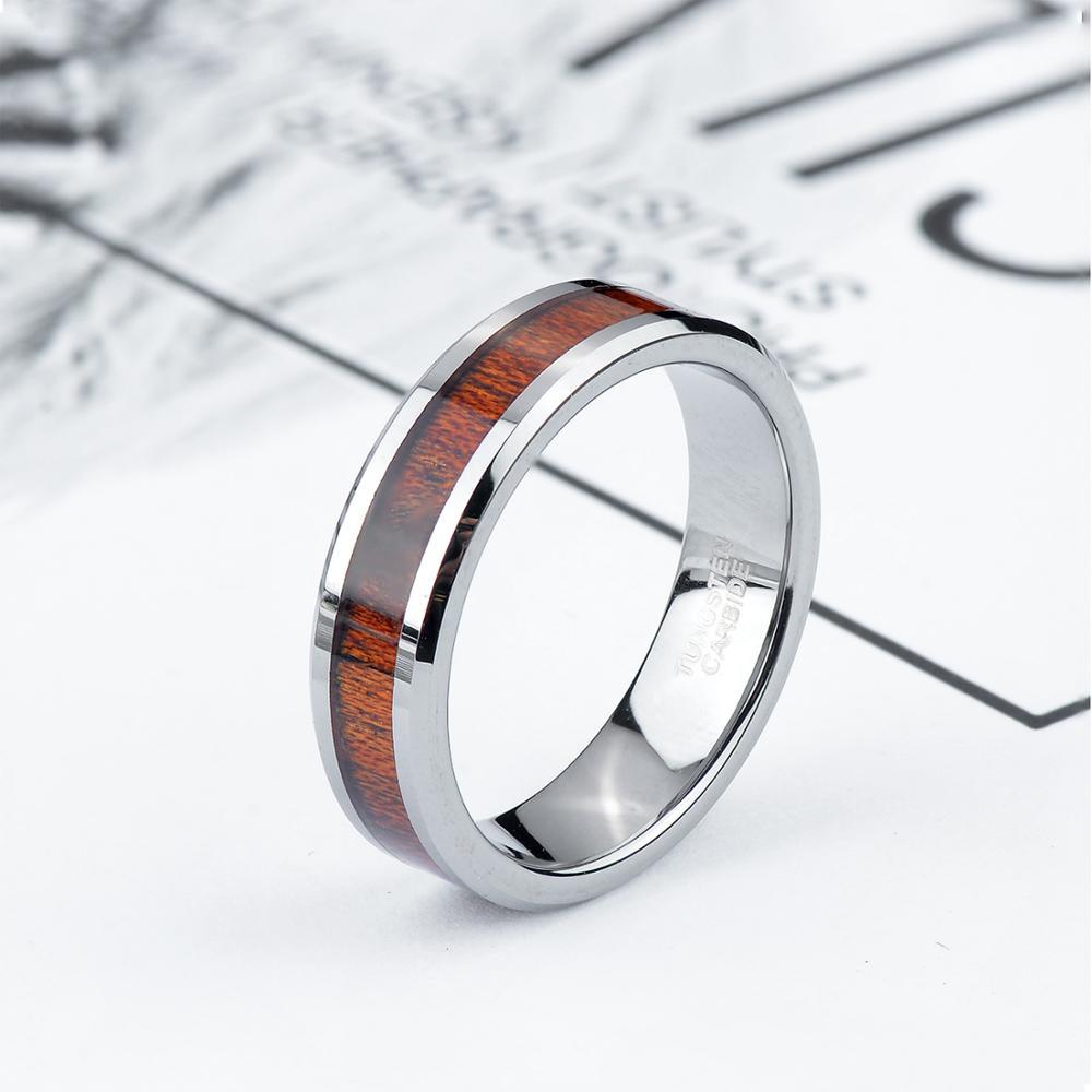 6mm Wood Inlay Tungsten Silver Mens Ring - Promise Rings