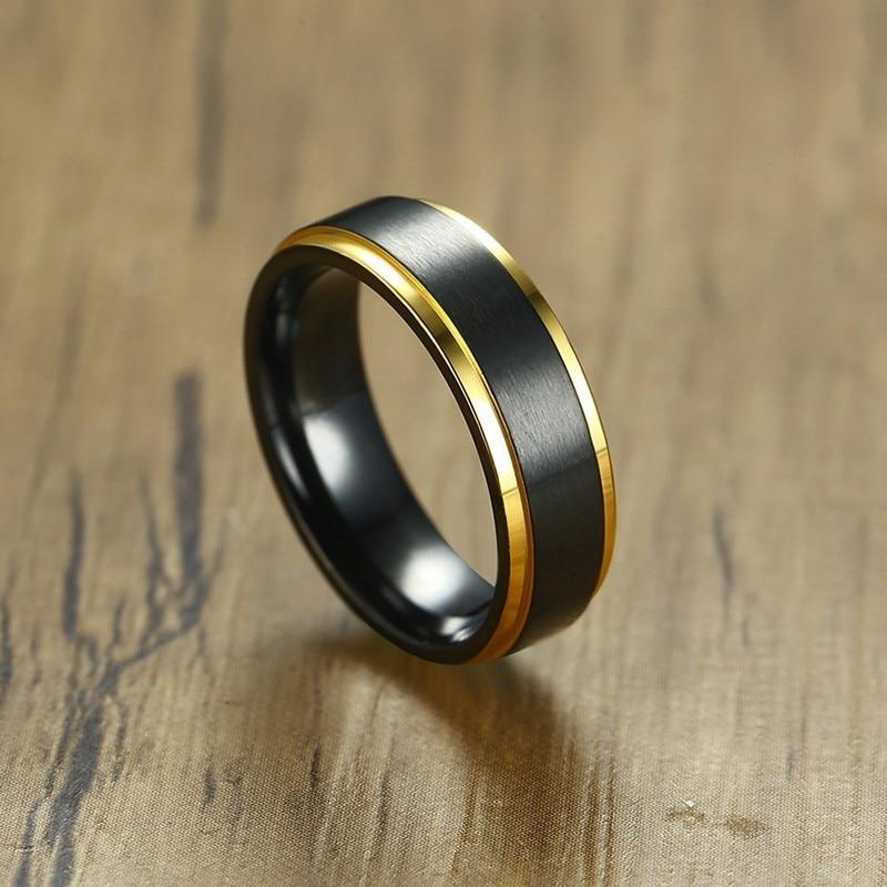 6mm Black & Golden Edges Tungsten Unisex Ring