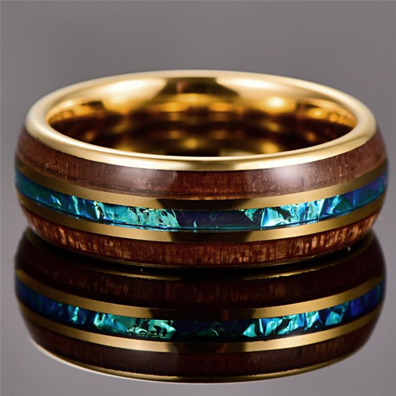 6mm Hawaiian Koa Wood & Acacia Imitation Opal Gold Tungsten Mens Ring