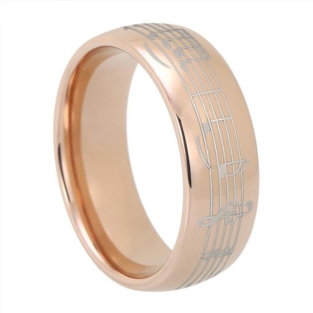 6mm or 8mm Piano Five-Line Note Music Rose Gold Tungsten Unisex Ring - Promise Rings