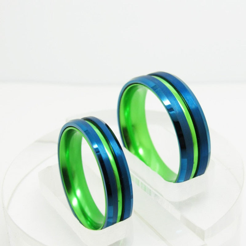 6mm or 8mm Royal Blue Brushed Satin & Lime Green Tungsten Rings - Promise Rings