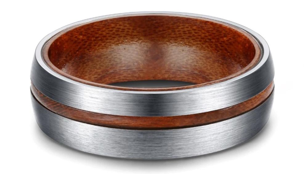 6mm or 8mm Vintage Wooden Groove Inlay Silver Titanium Mens Ring - Promise Rings