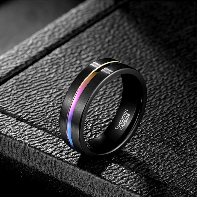 7mm Rainbow Groove Black Tungsten Mens Ring - Promise Rings