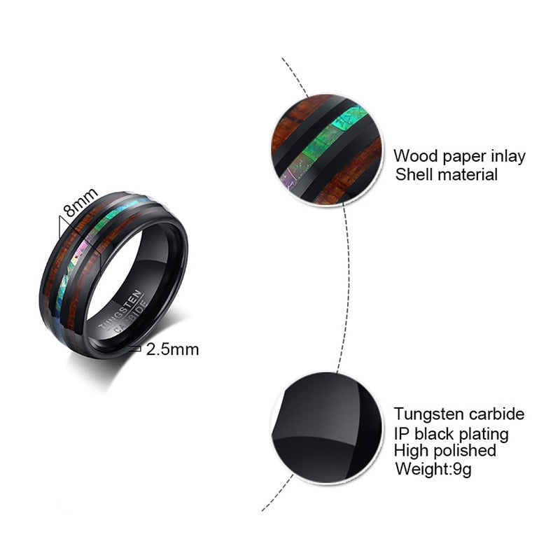 8mm Abalone Shell & Wood Inlay Tungsten Mens Ring - Promise Rings