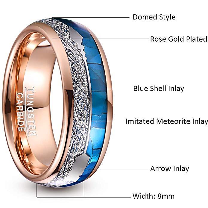 8mm Arrow Inlay Blue Shell, Meteorite & Rose Gold Tungsten Mens Ring - Promise Rings