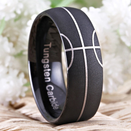 8mm Basketball Court Sports Game Black Tungsten Mens Ring - Promise Rings