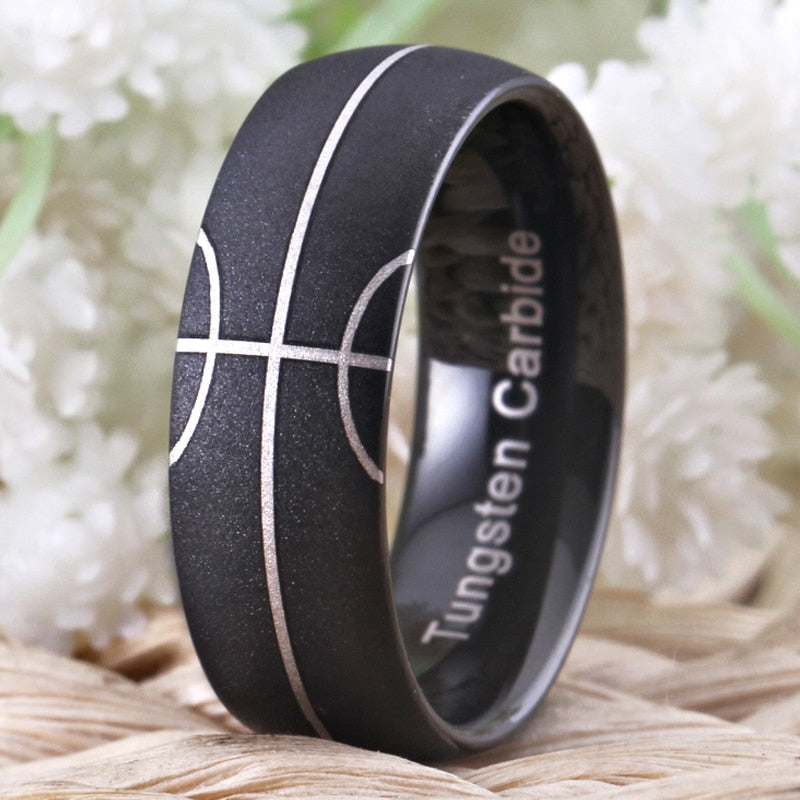 8mm Basketball Court Sports Game Black Tungsten Mens Ring - Promise Rings