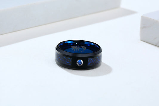 8mm Black & Blue Simulated Diamond Tungsten Men's Ring - Promise Rings