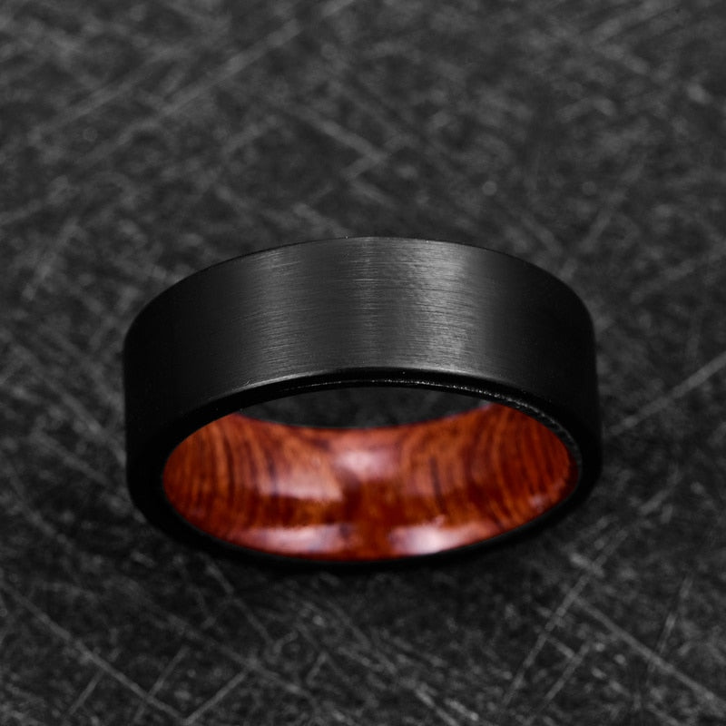 8mm Black Brushed Inner Wooden Mens Ring - Promise Rings