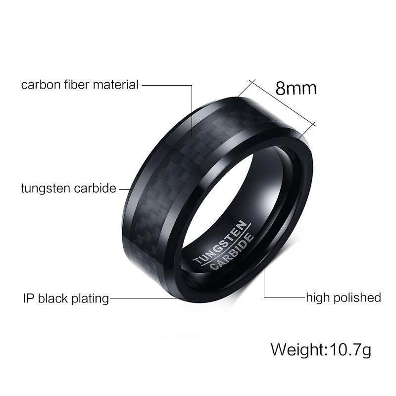 8mm Black Carbon Fibre Inlay Tungsten Mens Ring - Promise Rings