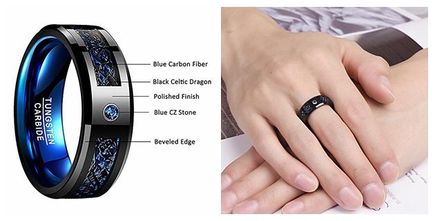 8mm Black Celtic Dragon Inlaid Blue Tungsten Mens Ring - Promise Rings