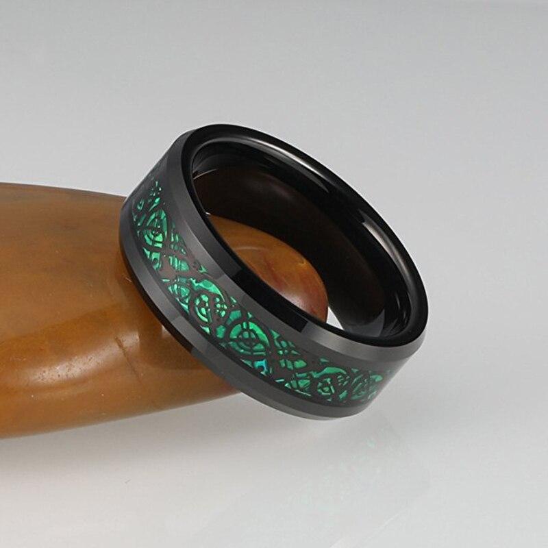 8mm Black Chinese Dragon Green Inlay Tungsten Mens Ring - Promise Rings