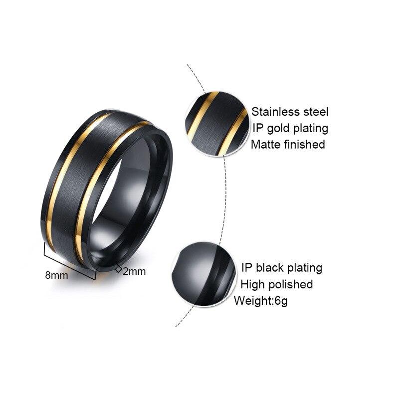 8mm Black & Double Golden Groove Stainless Steel Mens Ring - Promise Rings