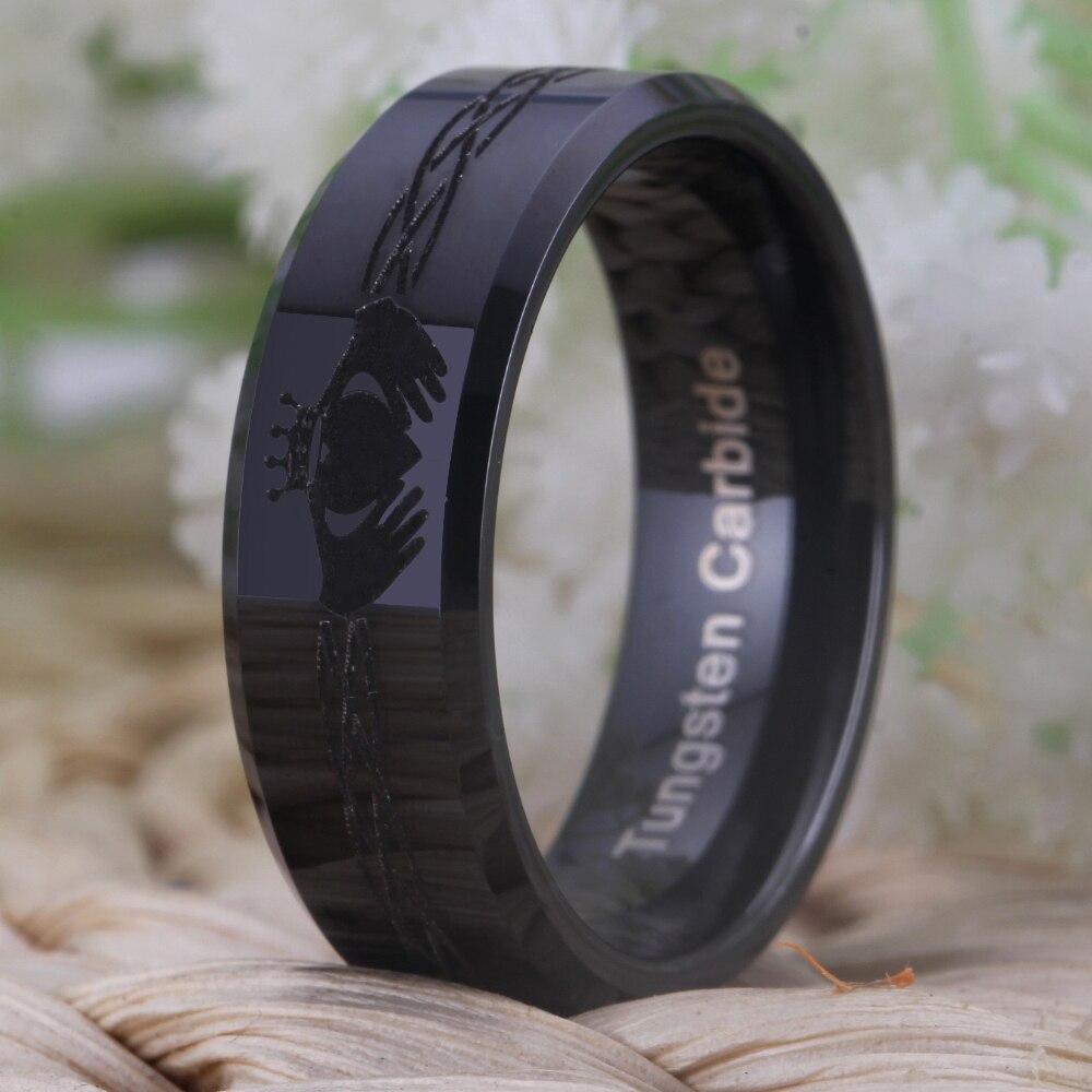 8mm Black Irish Claddagh Tungsten Mens Ring - Promise Rings