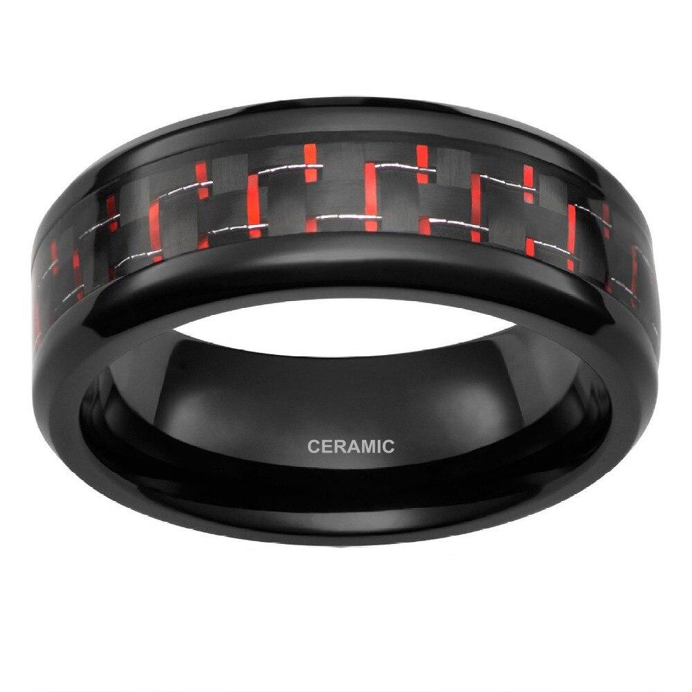 8mm Black & Red Carbon Fiber Inlay Mens Ring - Promise Rings