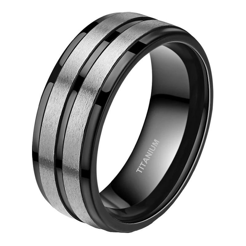 8mm Black Silver Groove Brushed Titanium Mens Ring - Promise Rings