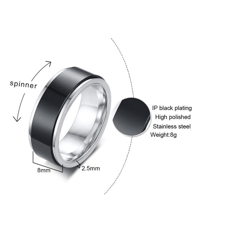 8mm Black & Silver Stainless Steel Rotatable Spinner Men's Ring - Promise Rings