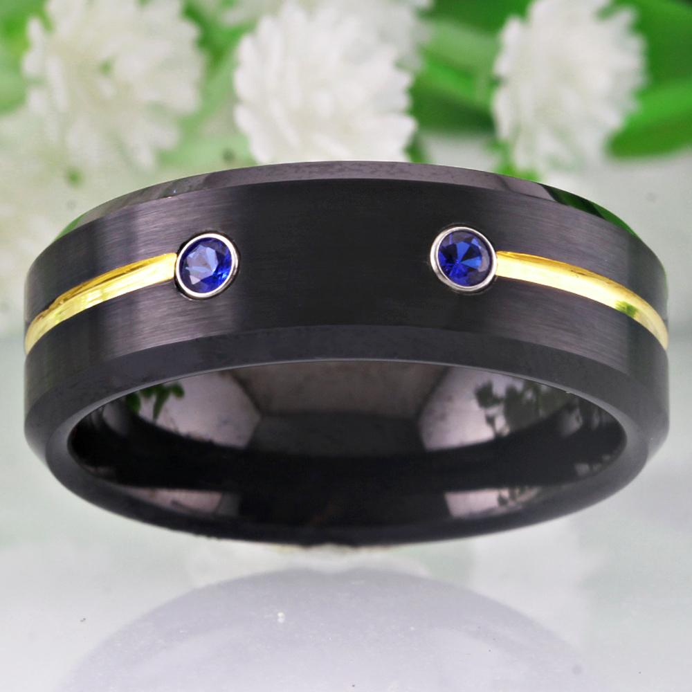 8mm Black & Yellow With Blue Cubic Zirconias Tungsten Mens Ring - Promise Rings