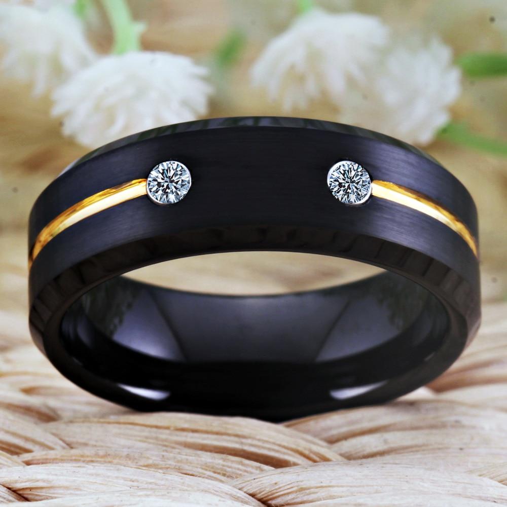 8mm Black & Yellow With Clear Cubic Zirconias Tungsten Mens Ring - Promise Rings