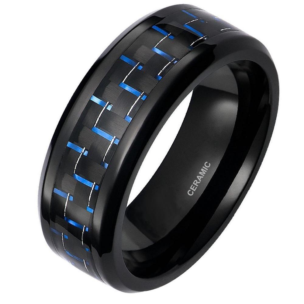 8mm Blue & Black Carbon Fiber Inlay Ceramic Mens Ring - Promise Rings