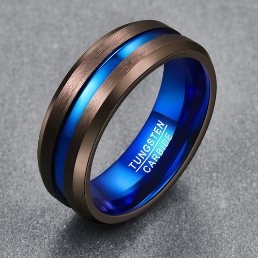 8mm Blue Groove & Chocolate Tungsten Men's Ring - Promise Rings