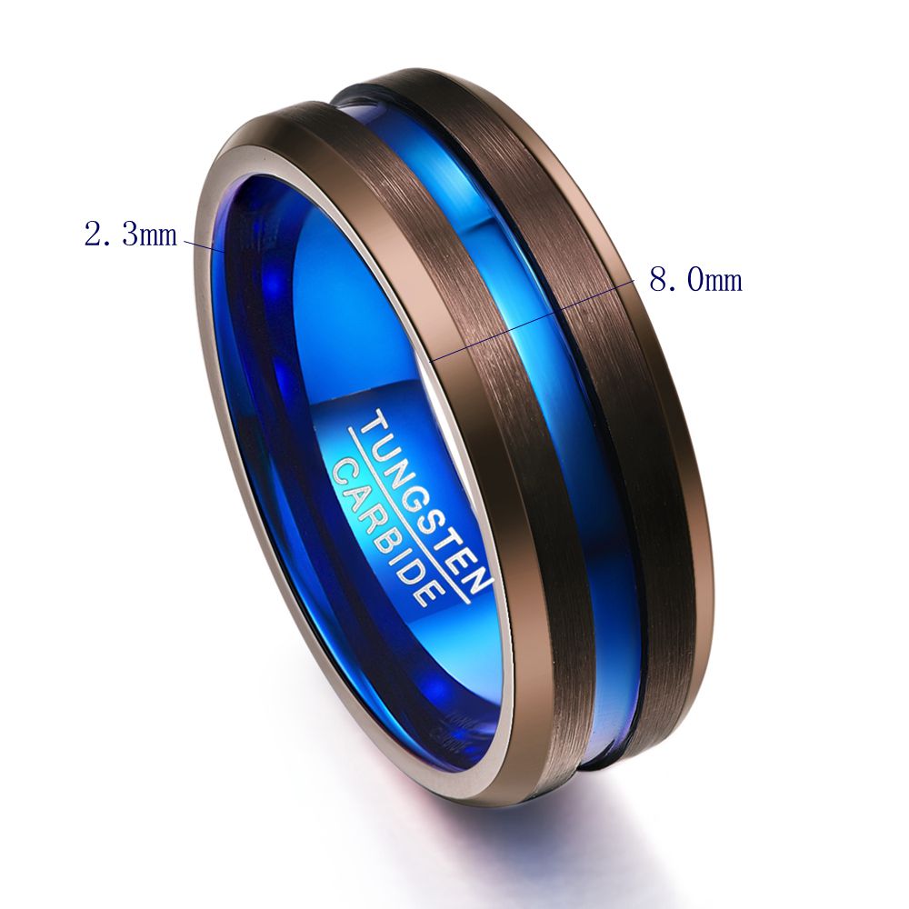 8mm Blue Groove & Chocolate Tungsten Men's Ring - Promise Rings
