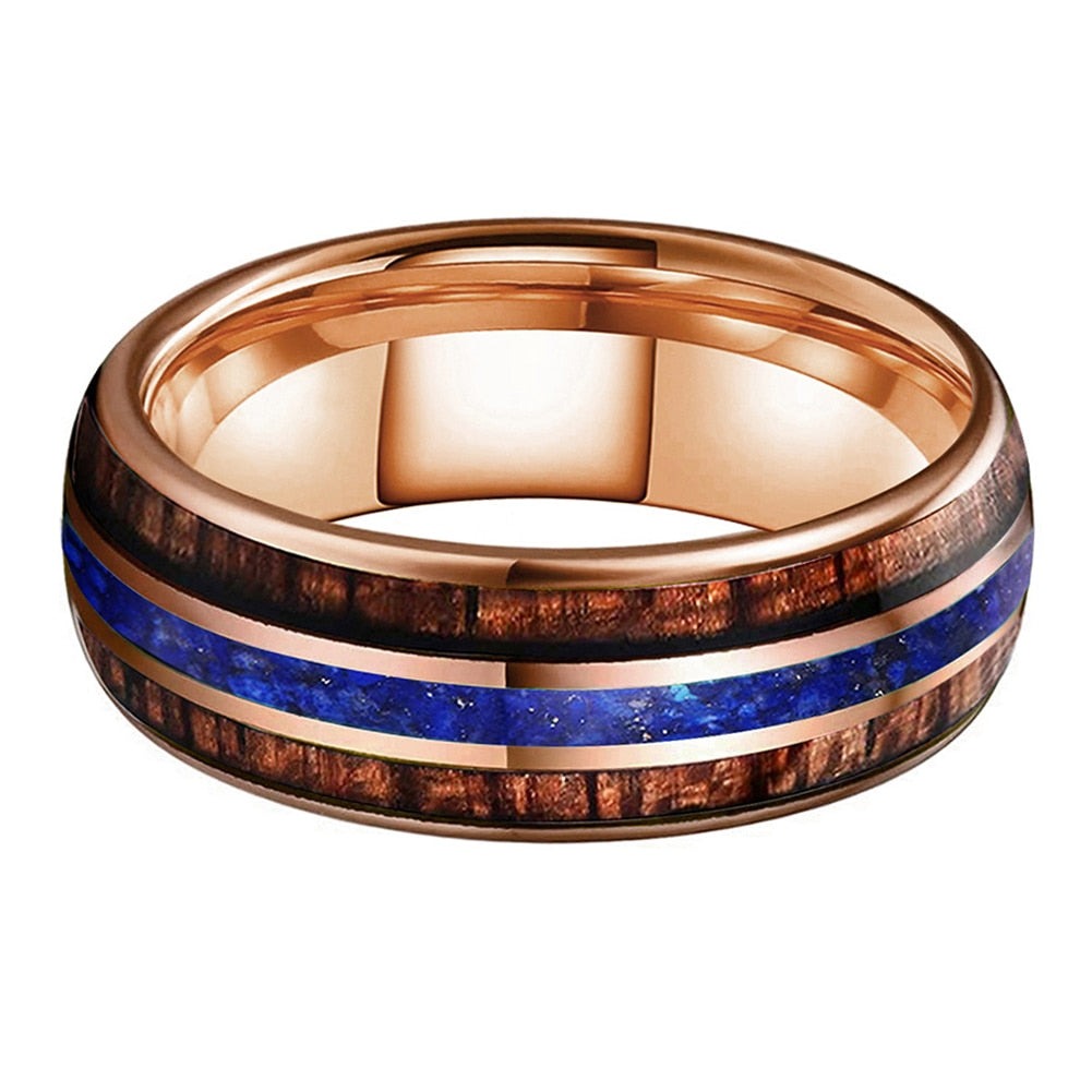 8mm Blue Lapis & Koa Wood Rose Gold Tungsten Unisex Ring - Promise Rings